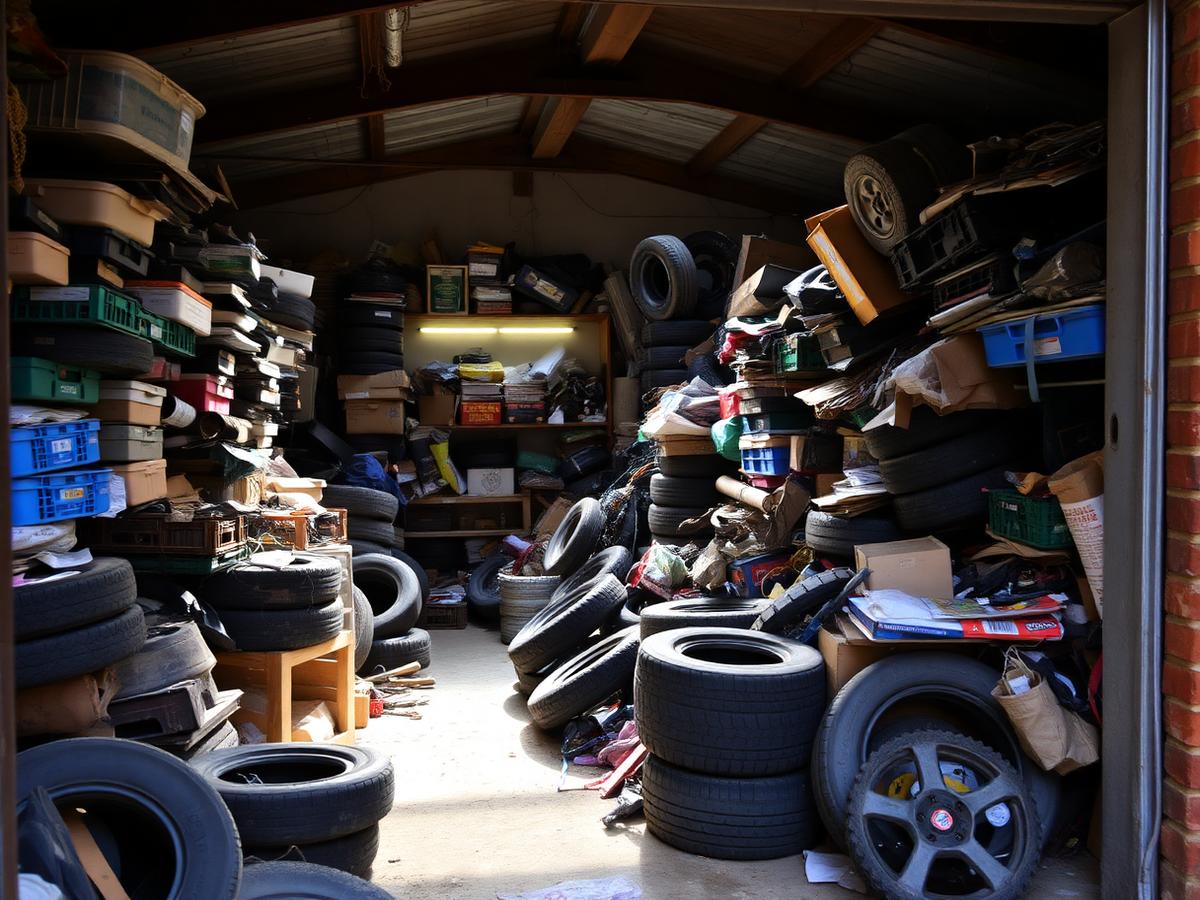 Überfüllte Garage mit Reifen, Kisten und Sperrmüll vor der Entrümpelung
